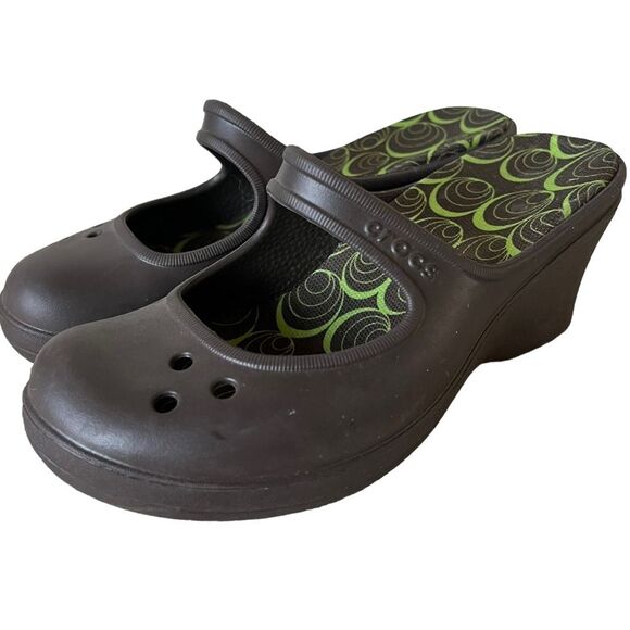 CROCS Frances Brown Slip On Mary Jane Style 3" Wedge Mules Clogs Women's Size 8 - Picture 6 of 12